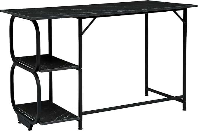 Black Marble 47inch Computer Desk Writing Workstation Home Office Table with 2-Tier Storage Shelves for Small Space
