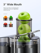 QCen Juicer Machine 500W Centrifugal Juicer with Extra Wide Feed Chute | For Fruits And Vegetables, Stainless Steel, BPA-Free Parts, Easy To Clean, Metallic Black, Countertop Juicer