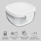 Bentgo Glass All-in-One Salad Container - Large 61-oz Salad Bowl with Lid, 4-Compartment Bento-Style Tray, 3-oz Sauce Container, and Reusable Fork - Dishwasher, Microwave, and Oven Safe (White)