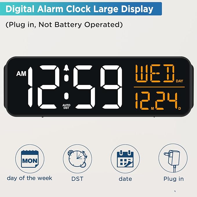 Peakeep Digital Alarm Clock Large Display for Bedrooms with Calendar, Auto DST, Desk Clock Electric Plug in for Living Room, Battery Backup, USB Port, 5 Dimmers