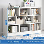 IOTXY Open Shelf Low Bookcase - Wooden 3-Tier Floor Standing Display Cabinet Organizer with Base, 10 Cubes Short Horizontal Bookshelf in Warm White