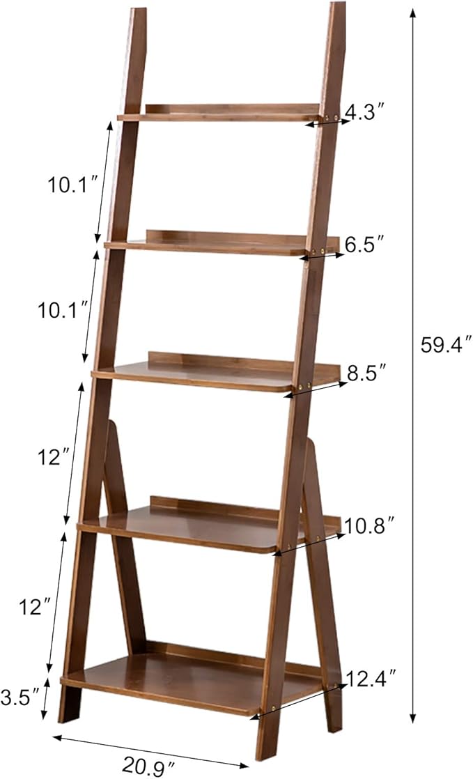 Bookshelf & Ladder Shelf &Storage Rack & Multipurpose Bamboo Organizer Shelves Furniture for Home Office, Living Room, Kitchen, Office 5 Tier （Brown）