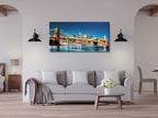 Pyradecor Large Modern New York Cityscape Canvas Wall Art Brooklyn Bridge Night View Canvas Prints Stretched Landscape Pictures Paintings Artwork for Living Room Home Decorations L