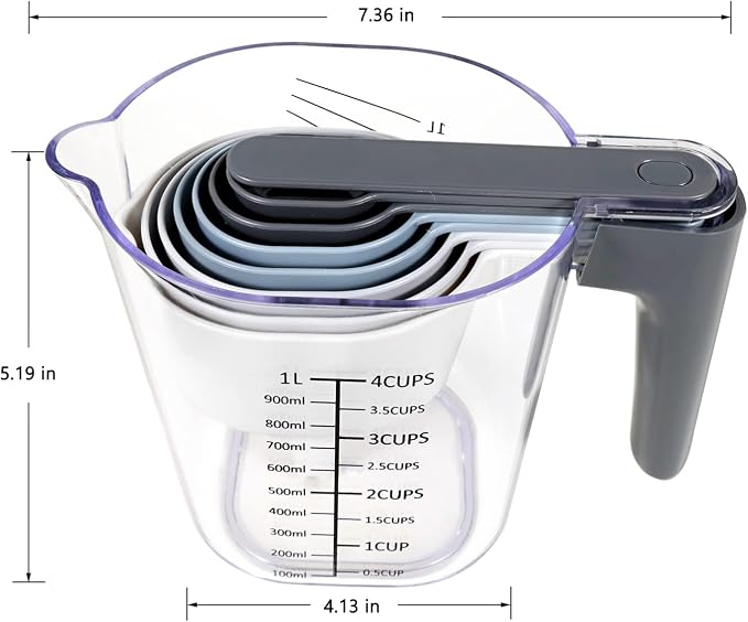Stackable 10-Piece Measuring Cups and Spoons Set with Lids | BPA-free & dishwasher safe. Kitchen gadgets for cooking & baking. Dust-proof nested utensils for dry or liquid food.