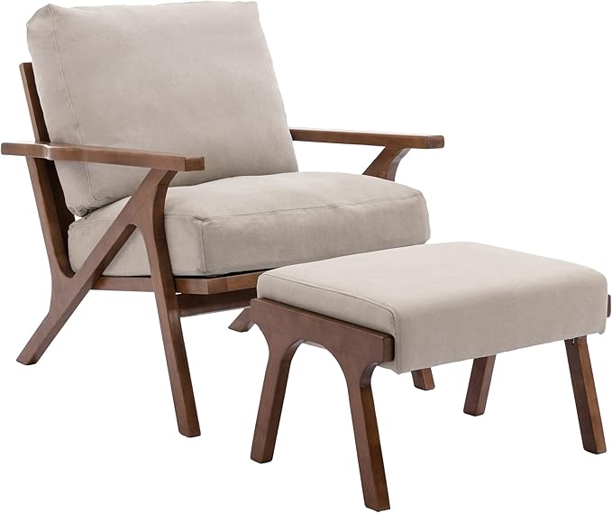 chairus Mid-Century Modern Accent Chair with Ottoman, Linen Fabric Armchair with Wood Legs Comfy Upholstered Single Sofa Chair for Living Room/Bedroom/Lounge, Beige