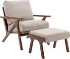 chairus Mid-Century Modern Accent Chair with Ottoman, Linen Fabric Armchair with Wood Legs Comfy Upholstered Single Sofa Chair for Living Room/Bedroom/Lounge, Beige