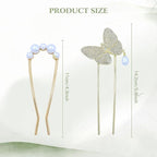 Lawie 10 Pack Cute Flower Butterfly U Shaped Gold Metal Hair Fork Pins Curved Chopsticks for Hair Sticks with Dangles French Hair Pins Bun Holder Decorative Hair Accessories for Women Girls (Gold A)
