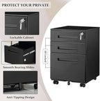 3-Drawer Mobile File Cabinets Rolling Metal Filing Cabinet for Legal & Letter File Anti-tilt Design with Lock Under Desk Office Drawers Fully Assembled Except Casters Black(Style 3)