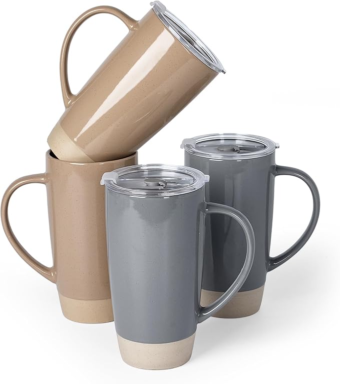famiware Milkyway Coffee Mugs, 20oz Large Coffee Mug, Ceramic Mug Set of 4 with Lid, Cup Set with Handle for Latte, Tea, Cocoa, Milk, Home & Office, Cinnamon Brown and Dark Gray