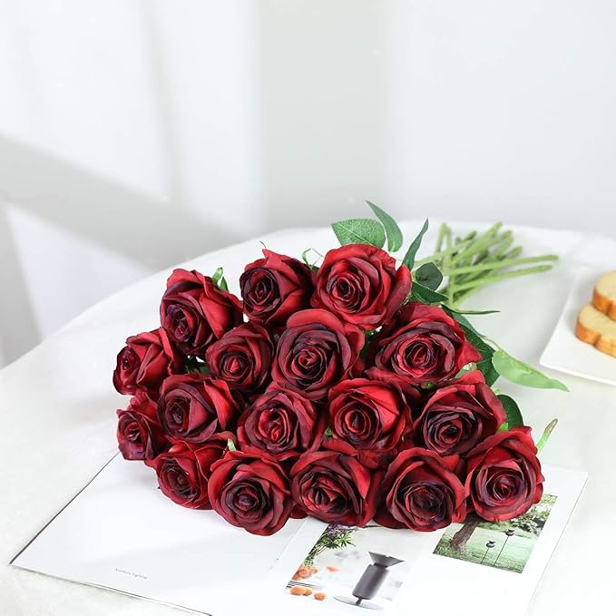 Burgundy Fake Roses Artificial Flowers - 10 Pcs Fake Artificial Roses Silk Flowers with Stems for Home Wedding Hotel Office Centerpiece Decor（Burgundy）