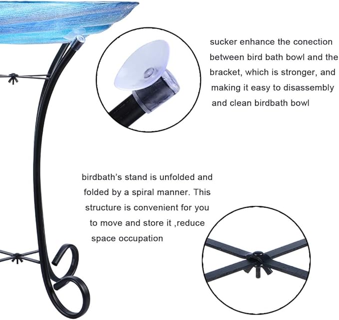MUMTOP Outdoor Glass Birdbath with Metal Stand for Lawn Yard Garden Decor,18” Dia/21.65 Height