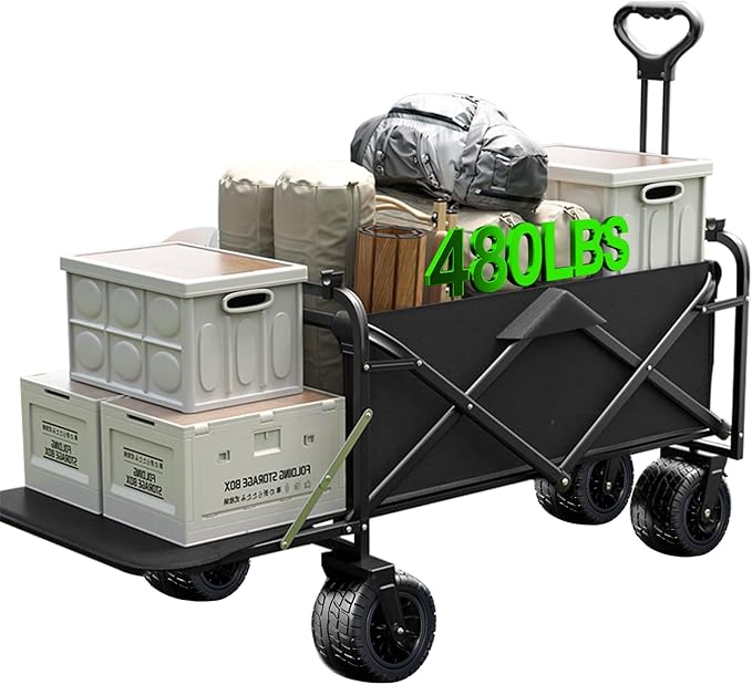 Collapsible Wagon Cart Foldable with Tailgate, 47" L 480lbs Capacity, Heavy Duty Beach Wagon with Wheels Brake, Shopping Carts for Grocery, Camping, Beach, Garden Cart