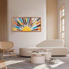 IARTTOP Large Boho Sun Wall Art Framed Wooden Art Wall Decor Rainbow Sun Rising On The Horizon Geometric Line Sunshine Wall Art for Living Room Bedroom Office 16"x32"