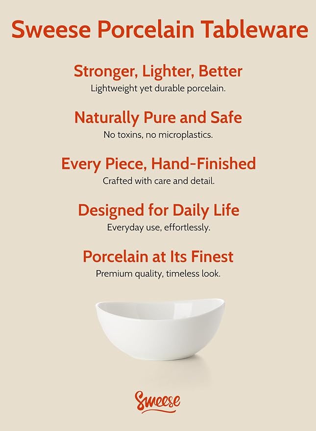 Sweese 18 oz Medium White Porcelain Bowls - Set of 6 Cereal, Soup, Rice & Salad Bowls, Ceramic Serving Bowls for Everyday Use