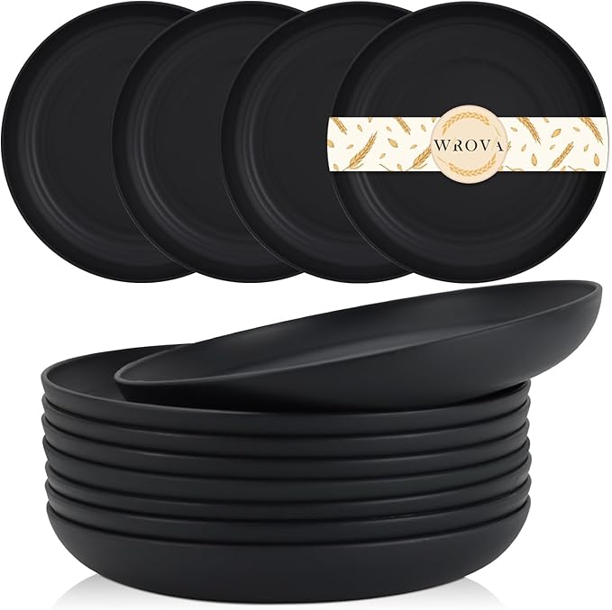 Wrova Wheat Straw Plates - 8 Inch Unbreakable Dinner Plates Set of 8 - Dishwasher & Microwave Safe Plastic Plates Reusable - Lightweight Plates for kitchen,R.V (pure black)