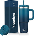 Konokyo 30 oz Insulated Tumbler Water Bottle with Handle, Straw Lid | BPA-free and dishwasher safe; made for gym, travel, coffee and gifting, 2 straws, cup holder friendly,Indigo Black