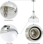 WUZUPS Chandelier Rustic Farmhouse Industrial Round Ceiling Pendant LED Light Fixture with Clear Glass Shades for Dining Room Kitchen Island Foyer Entryway, H 17" x W 13.4", E26 Base, Brushed Nickel