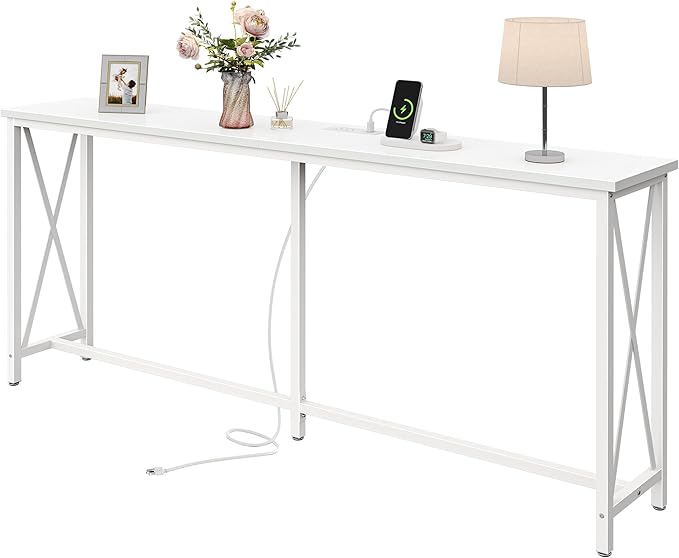 SUPERJARE 70 Inch Console Table with Outlets and USB-C Port, Extra Long Behind Couch Sofa Table with X-Shaped Design, Narrow for Entryway, Living Room, Metal Frame, Wooden Top, White
