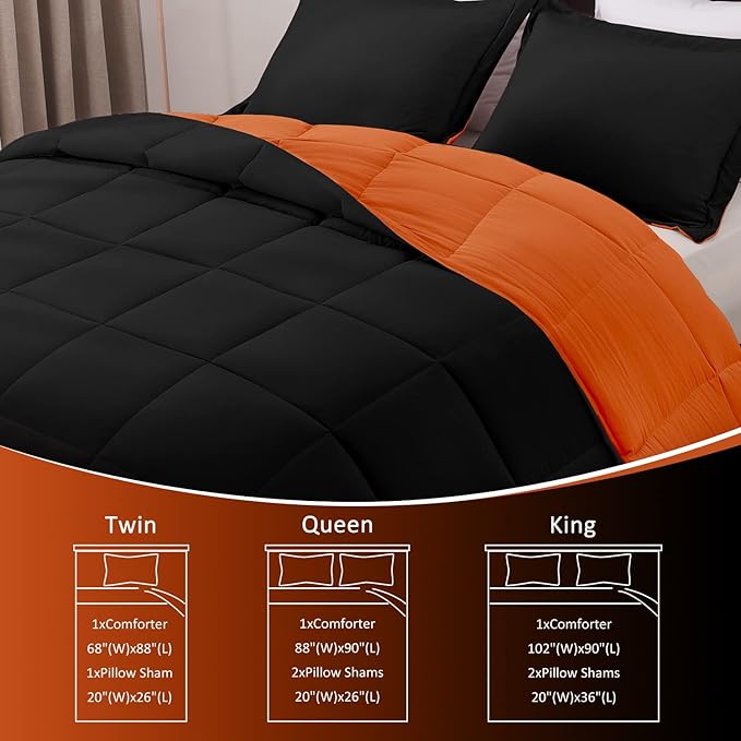 Basic Beyond King Size Comforter Set - Fluffy King Bed Comforter Set for All Seasons - Reversible Bedding King Size Comforter Set - 3 Pieces (1 Comforter + 2 Pillow Shams) - Orange/Black