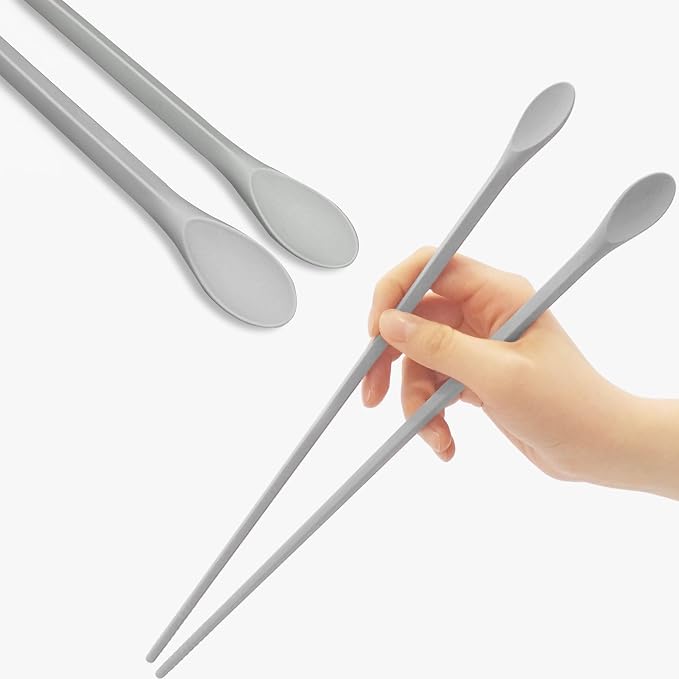 Reusable Long Silicone Cooking Chopsticks with Spoon 12 Inches 1 Pair, Dishwasher Safe, BPA-free Non-Slip, Non-Scratch, Korea Japanese Kitchen Utensils (Pastel Grey, 1Pair )