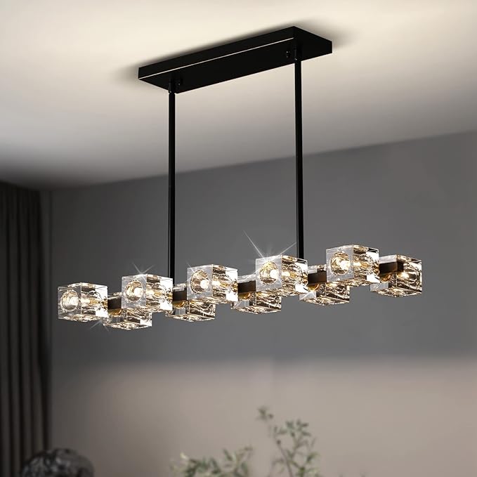 Dining Room Light Fixture,Modern Crystal Chandeleirs Semi Flush Mount Ceiling Light Fixture,Black Metal Crystal Pendant Light for Kitchen Island Farmhouse Dining Room,Living Room (10-Lights)