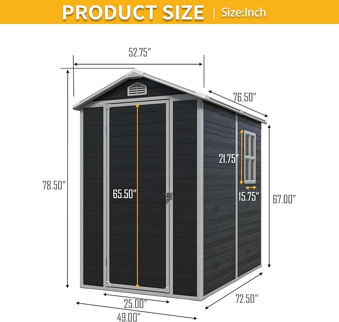 4x6 FT Outdoor Storage Shed, Resin Garden Shed with Thick Floor, Plastic Storage Shed with Window, Waterproof Outside Tool Shed with Lockable Hinged Door for Backyard, Patio, Lawn, Black