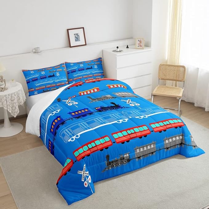 Feelyou Cartoon Car Comforter Set for Kids Boys Girls Vintage Car Comforter Train Bedding Set Bedroom Decor Retro Steam Train Blue Light Sign Duvet Set Twin Size Quilt Set 2Pcs