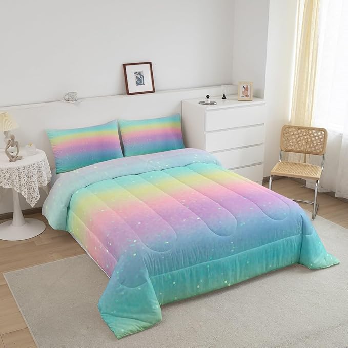 Erosebridal Blue Gradient Bedding Rainbow Tie Dye Bedding Comforter Sets for Kids Boys Girls Bedroom, Galaxy Glitter Comforter Set Pastel Watercolor Sparkle Quilt with 2 Pillowcases, Queen