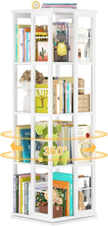 Aheaplus Rotating Bookshelf, Corner Bookshelf, 360 Display Wood Spinning Bookshelf, Floor Standing Bookcase Narrow Shelf Revolving Organizer Storage Rack for Small Space, Bedroom, Study Room, White