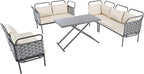 5-Piece Outdoor Furniture Sectional Conversation Sofa Set with Loveseat, Glass Table and Removable Cushions, All Weather Patio Woven Rope L-Shaped Couch for Garden Backyard, Gray+Beige