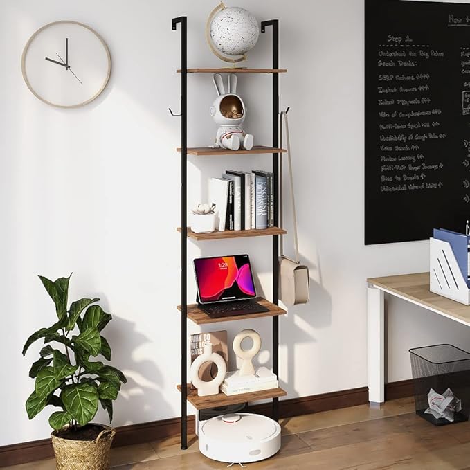 Industrial Bookshelf Wall Mounted 5-Tiers Ladder Shelf Wooden and Metal Narrow Thin Bookshelf Open Display Storage Rack for Living Room Bedroom Home Office (Rustic Brown, Small)