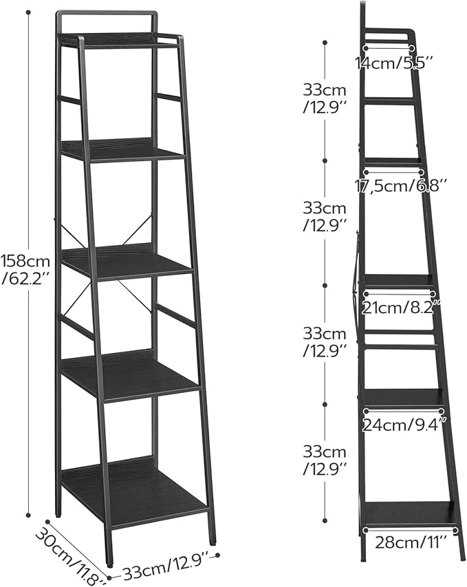 HOOBRO Bookcase, 5-Tier Narrow Bookshelf, Industrial Ladder Shelf, Skinny Bookshelf for Small Spaces, Corner Storage Shelf for Home Office, Living Room, Black BB35SJ01