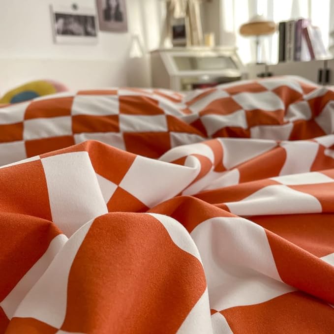 Wellboo Orange White Plaid Comforter Sets Queen Women Girls Light Red Checkerboard Bedding Comforters Cotton Rust Caramel and White Checkered Geometric Quilts Adults Modern Grid Abstract Simple Bed