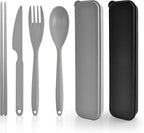 2 Sets Large Reusable Utensils Set with Case, Portable Cutlery Sets | Plastic, Black and Grey, Chopsticks Fork Spoon Knife Set with Lunch Box, For Camping Travel Daily Lunch Use Picnic Outdoor