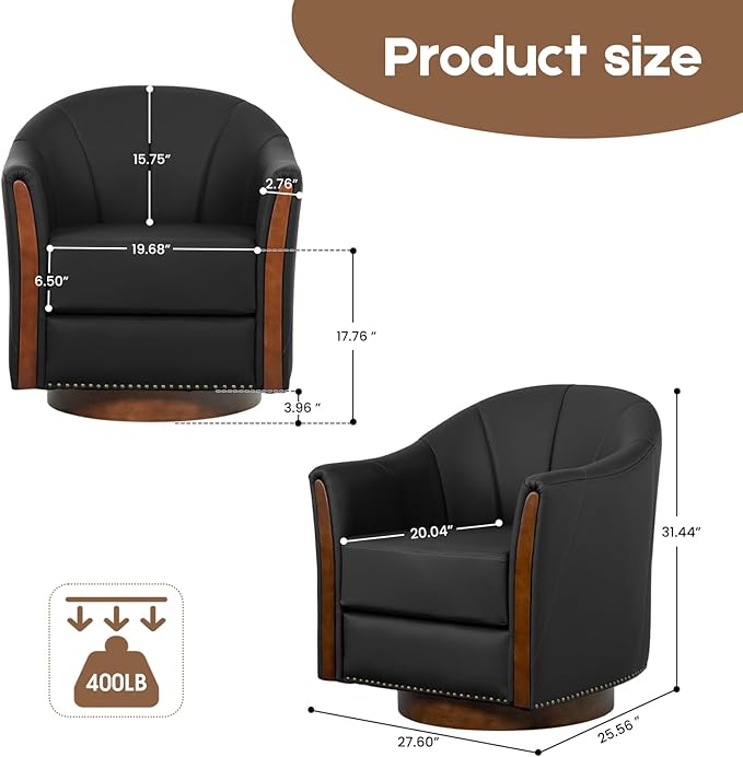 360° Swivel Accent Chair, Modern Leather Barrel Club Chair with PU Leather Upholstery and Sturdy Wood Base, Comfortable Armchair for Living Room, Bedroom, Reading Nook, Black