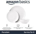 Amazon Basics Dinnerware Set, Microwave and Dishwasher Safe, Service for 6, 18-Piece Complete Kitchen, Plates, Dishes, Bowls, White Porcelain Coupe