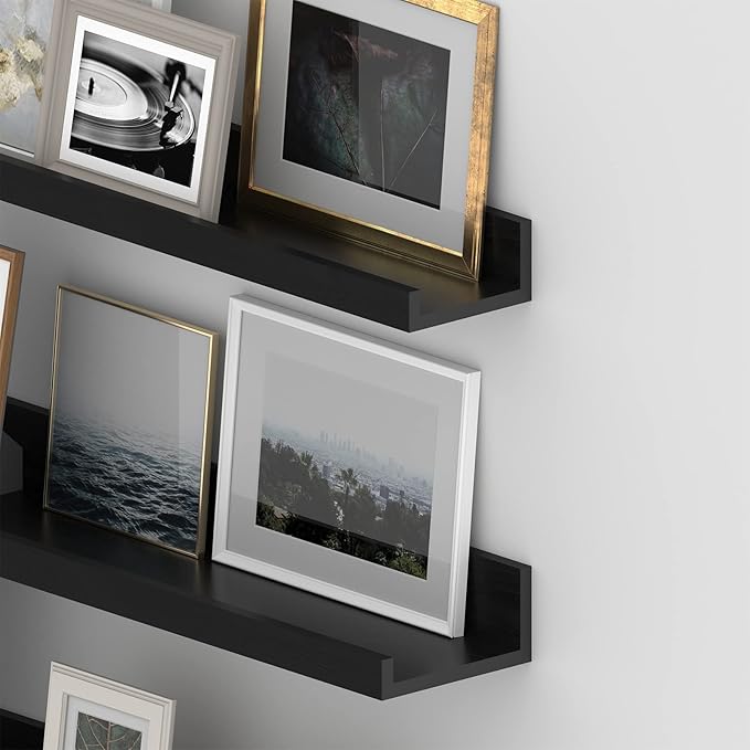 Giftgarden 36 Inch Black Floating Shelves for Wall Woodgrain Picture Ledge Large Photo Shelf for Bedroom Living Room Kitchen Bathroom Storage Shelving, Set of 3 Different Sizes