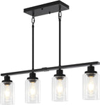 Modern Island Lights for Kitchen Black Dining Room Light Fixtures | 30'' Linear Chandelier Over Table, 4-Light Farmhouse Kitchen Island Lighting Clear Glass Shades, Adjustable Height
