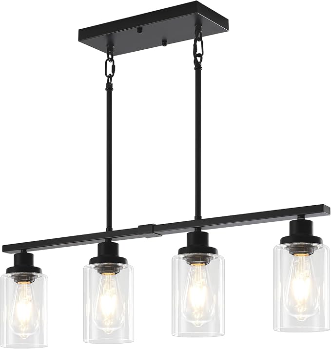 Modern Island Lights for Kitchen Black Dining Room Light Fixtures | 30'' Linear Chandelier Over Table, 4-Light Farmhouse Kitchen Island Lighting Clear Glass Shades, Adjustable Height