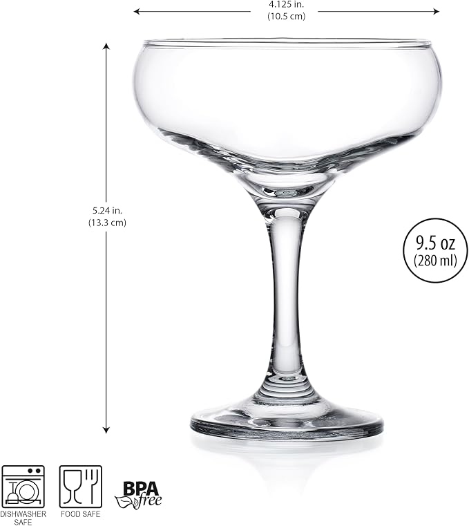 Glaver's Coupe Glasses, 9.5 oz Vintage Martini Glass Set 6 Pcs, Unique Margarita Glass, Classic Cocktail Glassware, Bar Drinking Glasses Set for Cocktail, Wine, Champagne, Espresso & Gift