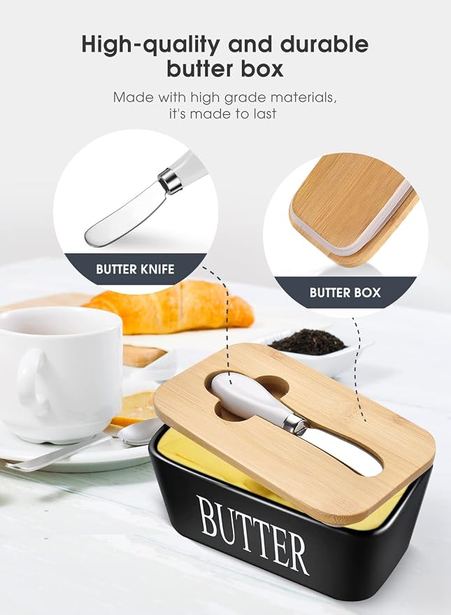 Ceramic Butter Dish with Lid and Knife & Silicone Seal 400ml 2 Pack Black | Suitable Capacity, Great Sealing, Home Decor Kitchen Gift Housewarming Gift
