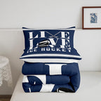 Ice Hockey Bedding Set Full Size Ice Sports Games Comforter Set for Kids Boys Girls Decor Hockey Player Comforter Microfiber Puck Hockey Duvet Set Bedroom Quilt Set
