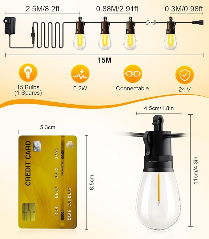 Outdoor-String-Lights-Patio-LED-Light-Outside 50Ft 15M Waterproof Remote Dimmable S14 LED Porch Lighting with 15 Edison Plastic Bulb Hanging Lights Connectable for Backyard Yard Gazebo Party Garden