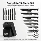 McCook Knife Set Black Kitchen Knife Block Set w Built-in Sharpener | German Forged Stainless Steel,15 PC,Razor Sharp, Anti-Rust,Ergonomic Handle,Full Tang,Dishwasher Safe,Gift Box