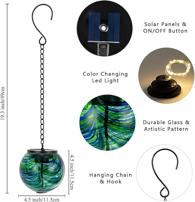 Solar Hanging Lanterns Outdoor, Waterproof Solar Gazing Ball Lights, Color Changing Led Glass Globe Lights for Garden Yard Tree Party Decor, Green Swirl