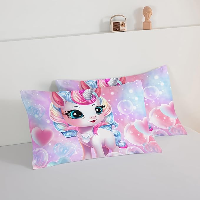 HOSIMA Unicorn Bedding Sets for Girls Teens,Cartoon Kawaii Unicorn Comforter Bubble and Love Heart Bedding Set,Fantasy Unicorn Bedroom Decor for Girls Pink Purple King Size Comforter Set.
