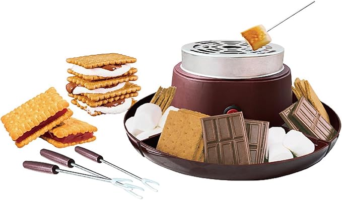 Dpofirs 2 in 1 Electric Fondue Set & Smores Maker Tabletop Indoor Kit, with 4 Forks & 4 Trays, Smores Station Chocolate Melting Pot - Date & Movie Night Supplies (Coffee Color)