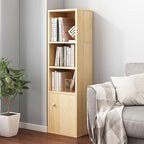 IOTXY Small Narrow Corner Bookcase - 47 Inches Tall Gap Freestanding Storage Cabinet, 4 Lattices Open Shelves Tower Rack with Door, Cubes Bookshelf in Oak