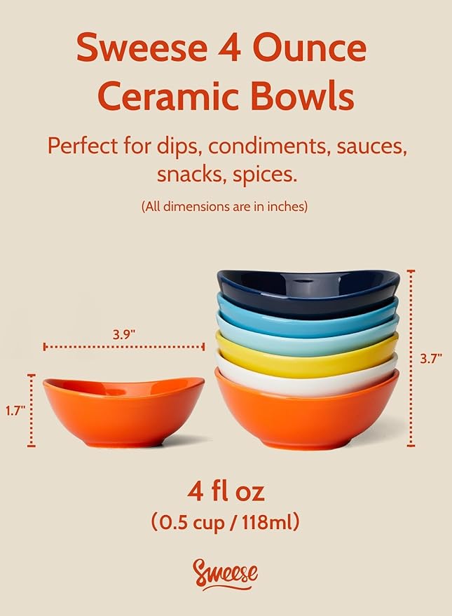 Sweese 4 oz Very Small Porcelain Bowls - Set of 6 Sauce, Salsa, Dipping, Ceramic Bowls for Condiments & Charcuterie - Rainbow Colored
