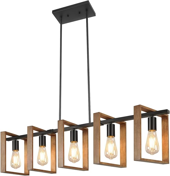 53’’ Farmhouse Kitchen Island Lighting, 5-Light Adjustable Dining Room Light Fixtures, Rustic Wood Chandeliers Black Hanging Light Fixtures for Kitchen, Pool Table Lights, Bulbs Not Included